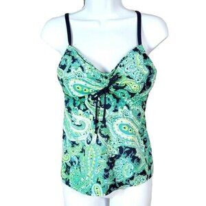 Lands' End Underwire Tankini Green Blue Size 8 Ruched Tie Adjust Padded Paisley